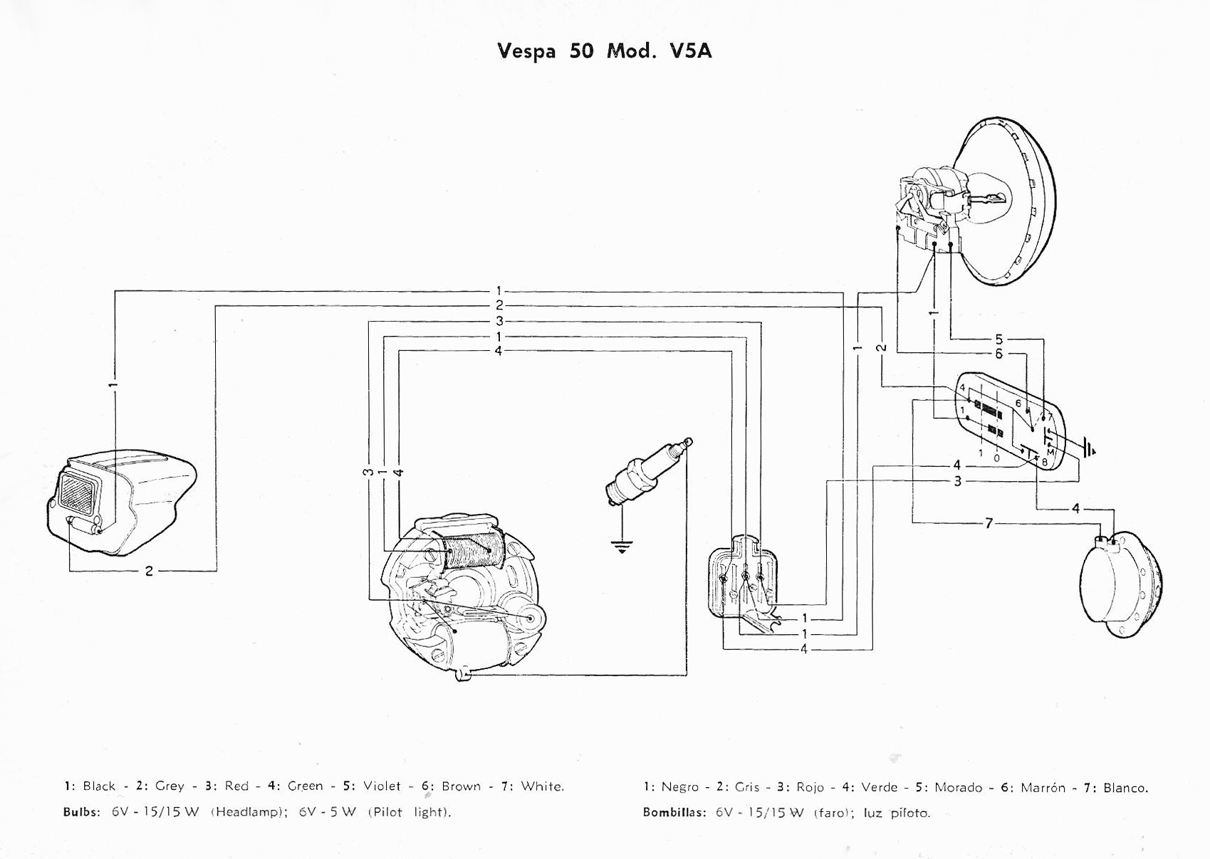 Schaltplan Vespa 50 V5a1t ohne Bremslicht