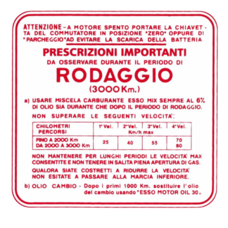 Aufkleber Einfahrhinweise Vespa rot 4 Gang 6%