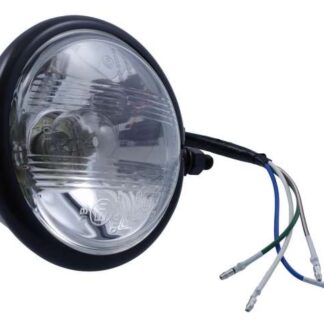 Scheinwerfer Motorrad 4 1/2 Zoll schwarzes Gehäuse mit Bilux-Birne, Bates-Style