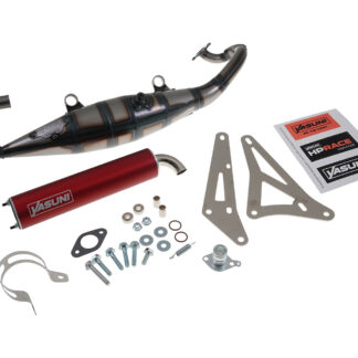 Auspuff YASUNI Scooter R mit rotem Endschalldämpfer Peugeot liegend Speedfight 3 4 Ludix C-Tech Derbi Atlantis Hunter Paddock