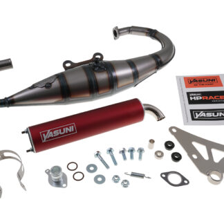 Auspuff YASUNI Scooter R mit rotem Endschalldämpfer Minarelli stehend Aprilia SR MBK Booster Stunt Yamaha BWs Slider
