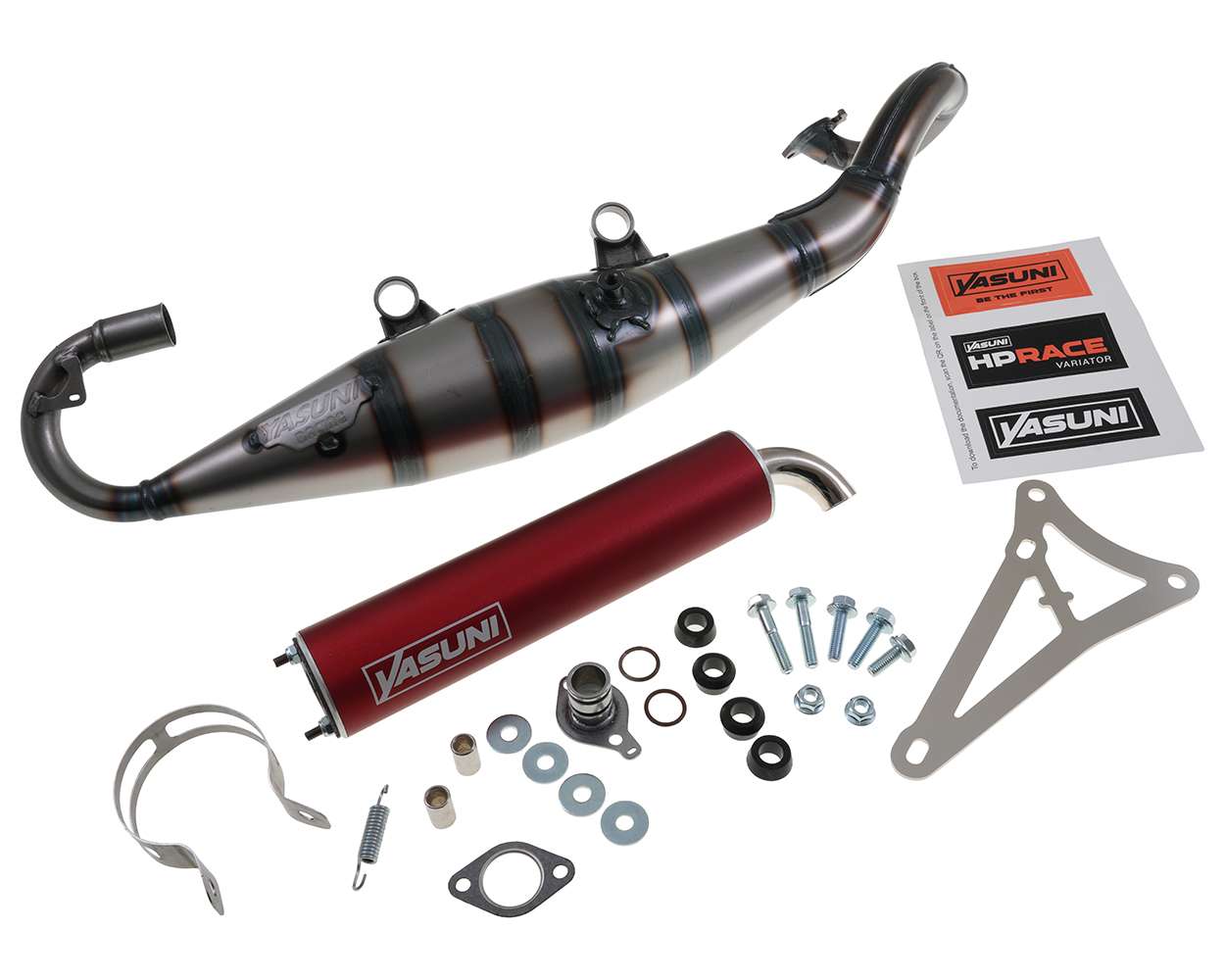 Auspuff YASUNI Scooter R mit rotem Endschalldämpfer Minarelli liegend Yamaha Aerox MBK Nitro Aprilia SR – Bild 4