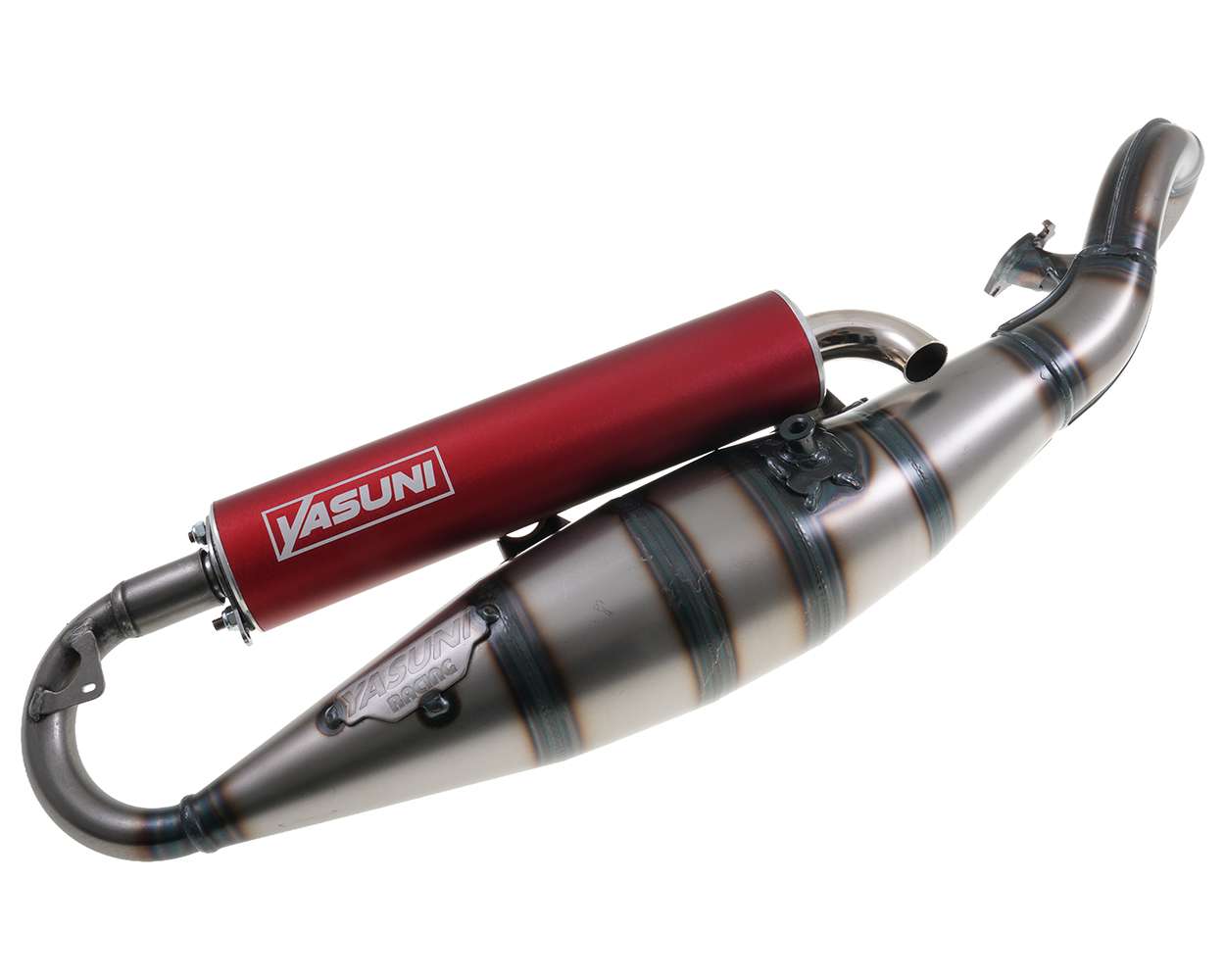 Auspuff YASUNI Scooter R mit rotem Endschalldämpfer Minarelli liegend Yamaha Aerox MBK Nitro Aprilia SR – Bild 5