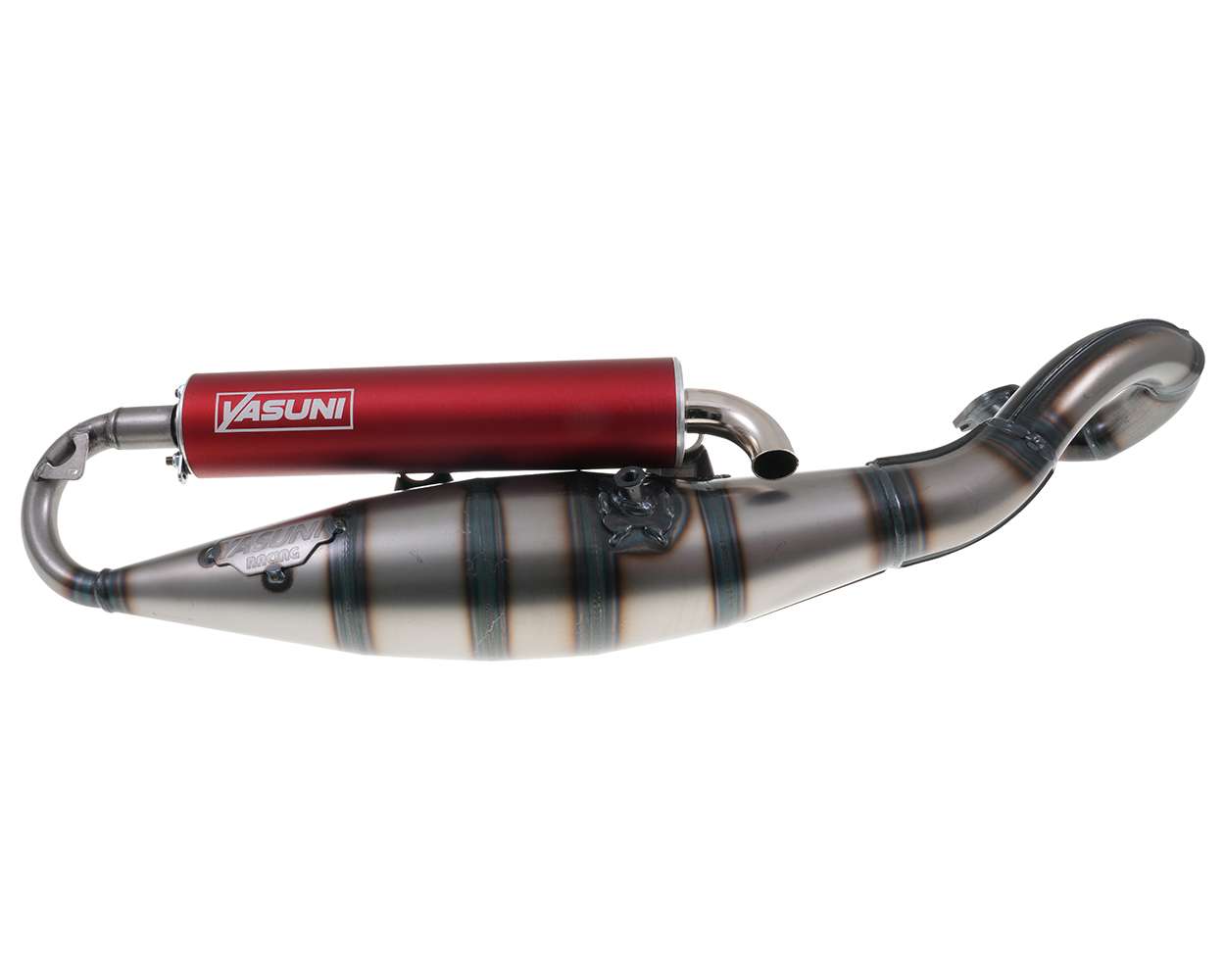 Auspuff YASUNI Scooter R mit rotem Endschalldämpfer Minarelli liegend Yamaha Aerox MBK Nitro Aprilia SR – Bild 6